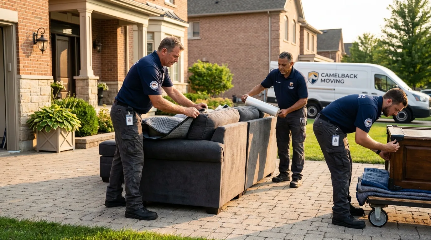 Large estate moving crew wrapping furniture in Greenlawn, NY