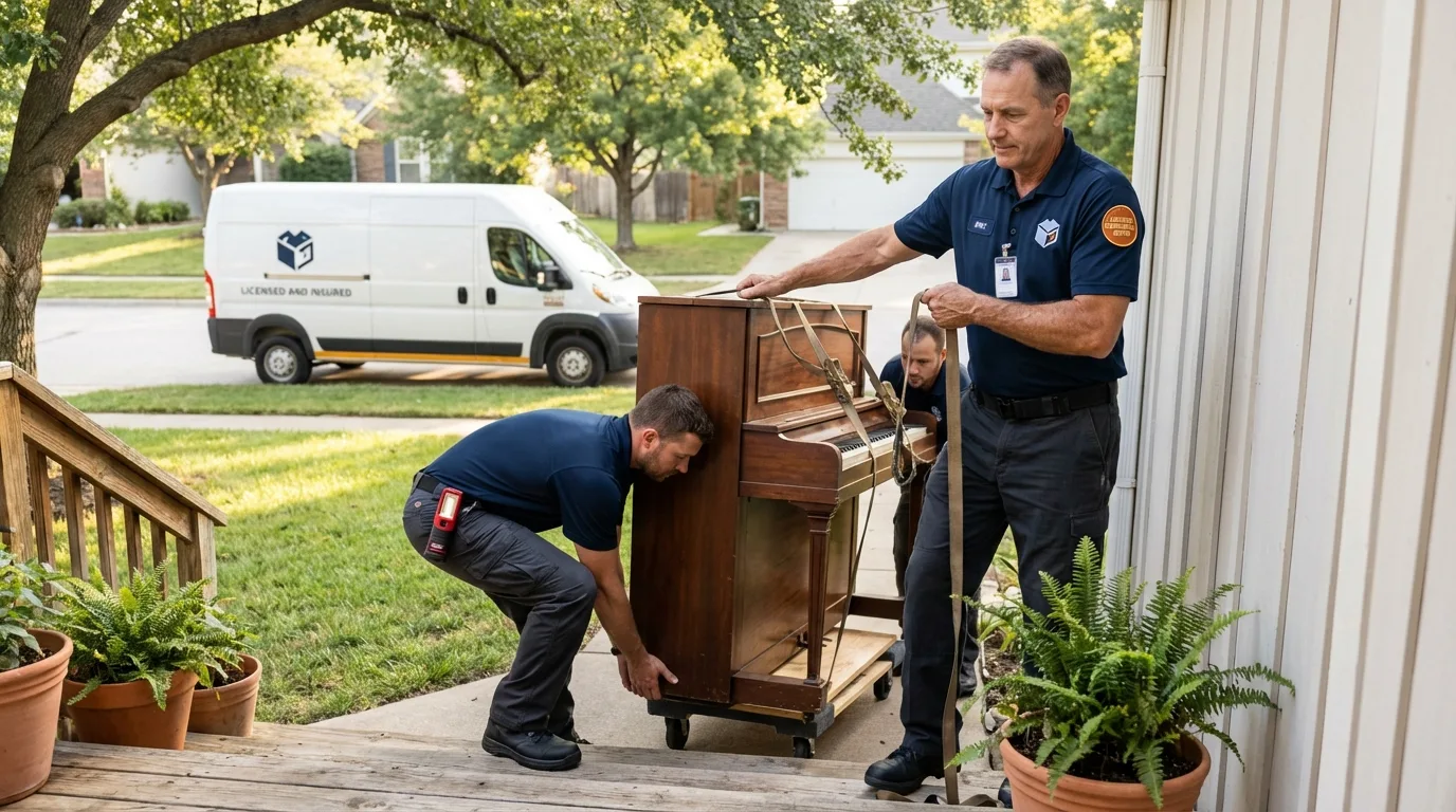 Licensed piano movers securing grand piano in Greenlawn, NY