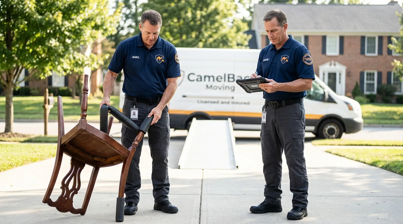 Movers inspecting furniture for damage prevention before loading in Greenlawn, NY