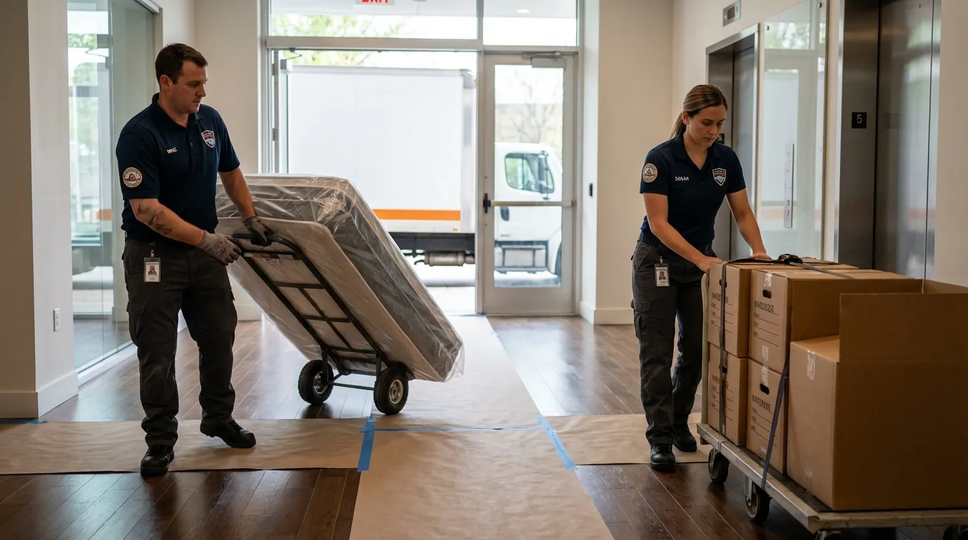 Professional apartment movers loading elevator in Greenlawn, NY