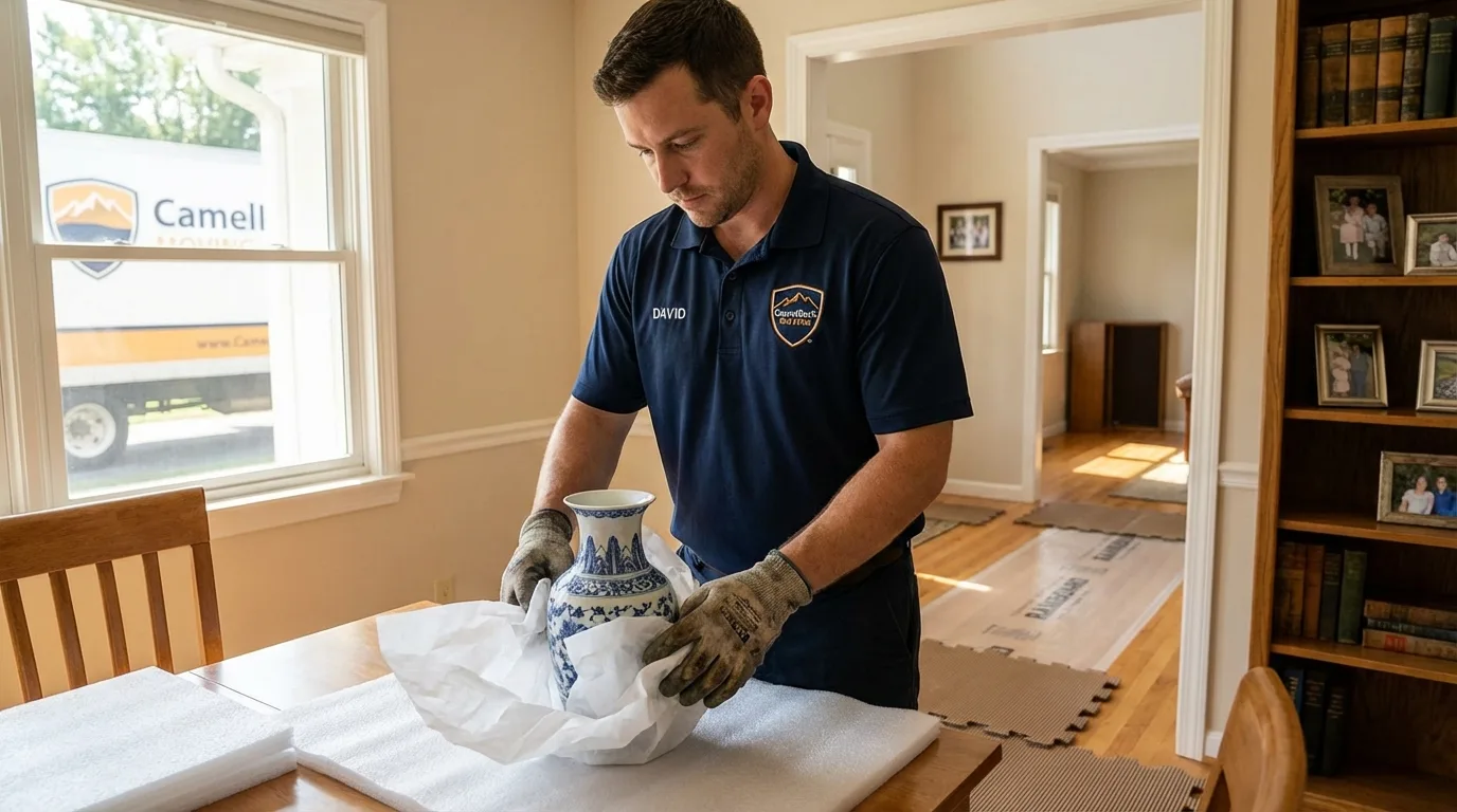 Professional crew carefully wrapping antique vase for senior downsizing move in Greenlawn, NY