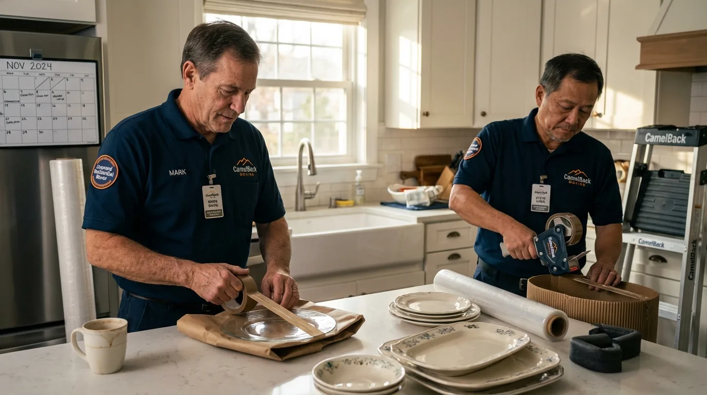 Professional crew packing kitchen dishware in Greenlawn, NY